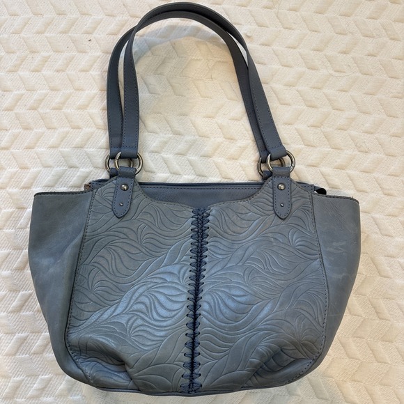 The Sak Bolinas Leather Satchel Purse Maritime Blue Wave Embossed Details EUC - Picture 1 of 12